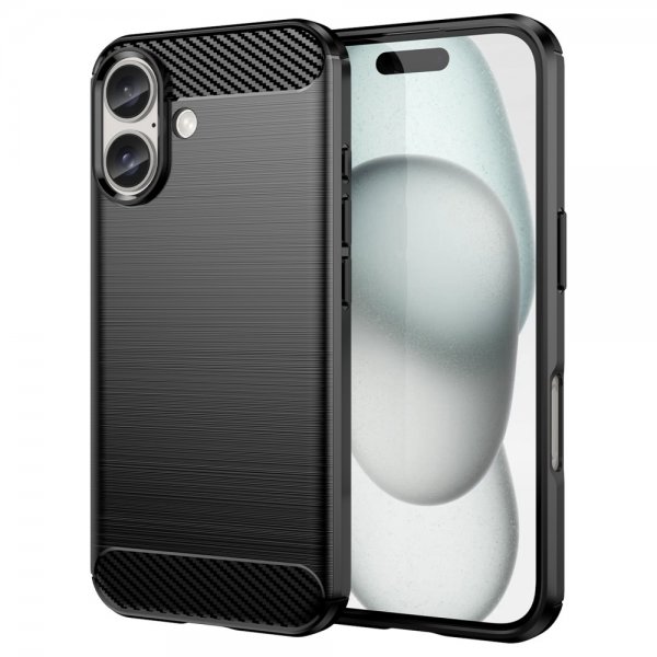 iPhone 16 Plus -kuori, harjattu hiilikuitukuvio, musta