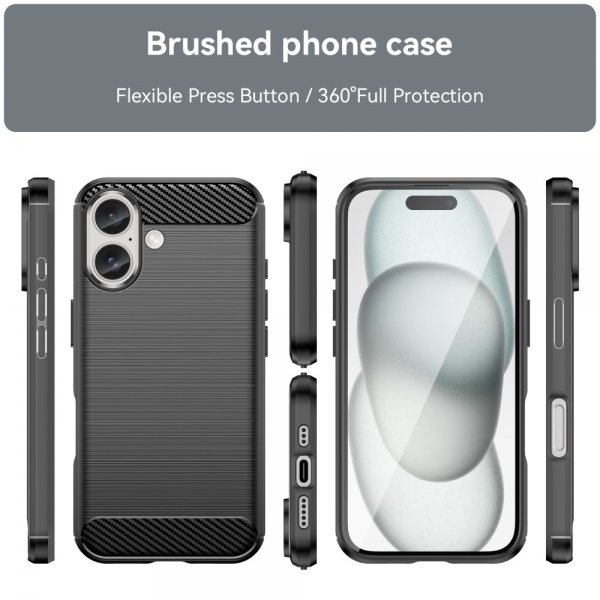 iPhone 16 Plus -kuori, harjattu hiilikuitukuvio, musta