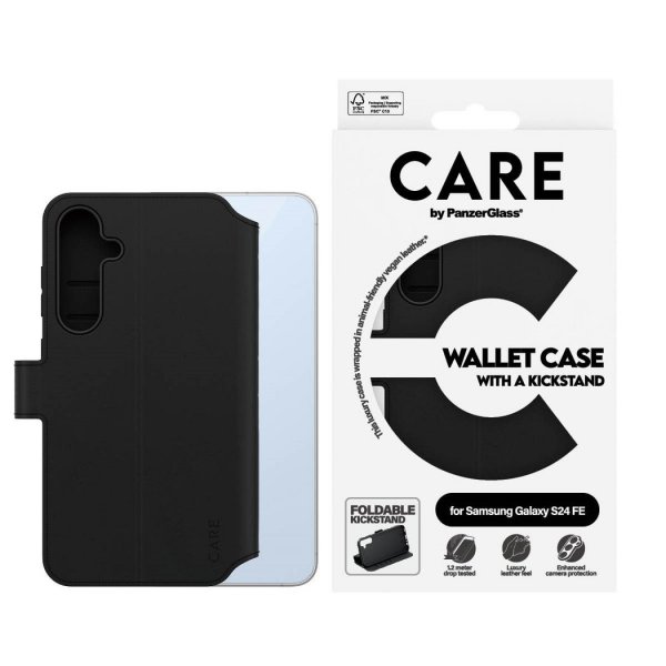 CARE by PanzerGlass Samsung Galaxy S24 FE -suojakotelo, lompakko, jalusta, musta