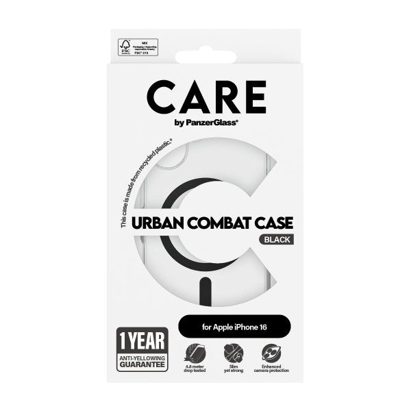 CARE by PanzerGlass iPhone 16 -suojakuori Urban Combat MagSafe Musta Läpinäkyvä