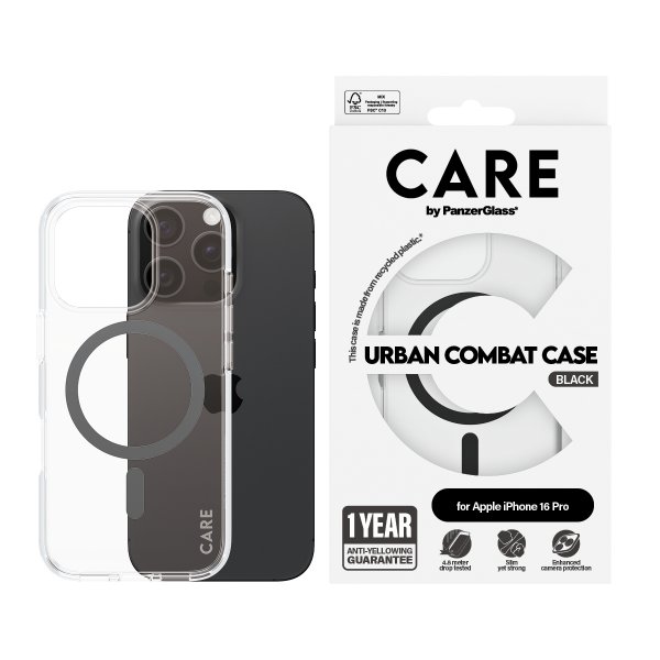 CARE by PanzerGlass iPhone 16 Pro -kuori Urban Combat MagSafe Musta Läpinäkyvä