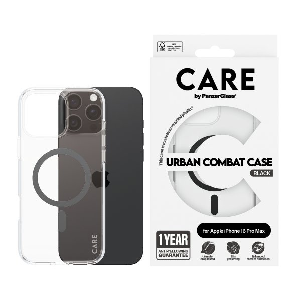 CARE by PanzerGlass iPhone 16 Pro Max -suojakuori Urban Combat MagSafe, musta/läpinäkyvä