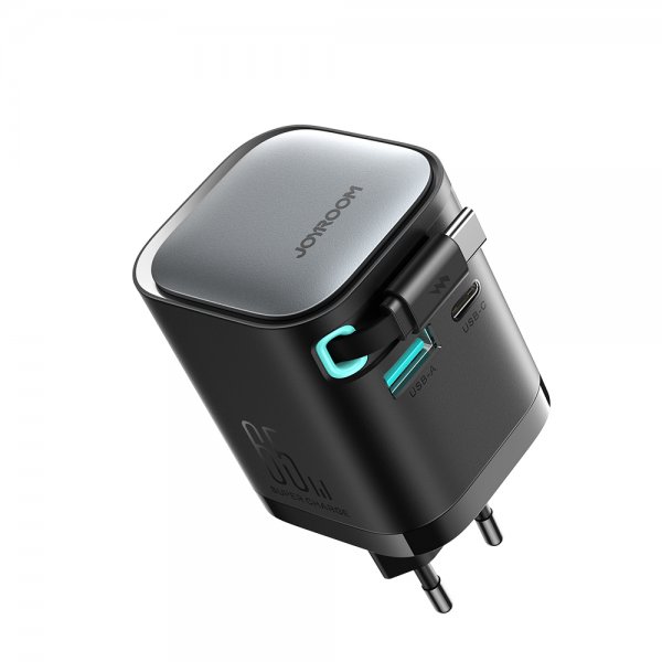 Joyroom 65W seinälaturi sisäänrakennetulla USB-C-kaapelilla ja USB-A/USB-C-liitännällä Musta