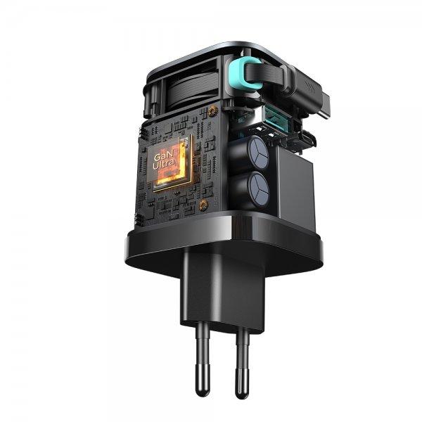 Joyroom 65W seinälaturi sisäänrakennetulla USB-C-kaapelilla ja USB-A/USB-C-liitännällä Musta