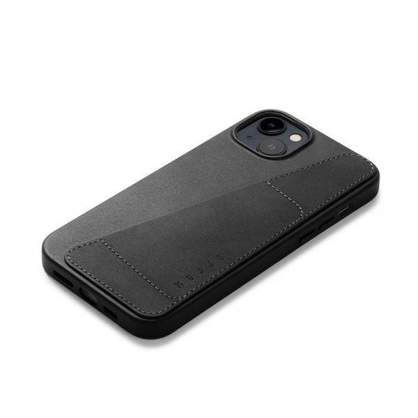 Mujjo iPhone 15 Plus Suojakuori Täysnahkainen Lompakkokotelo Musta