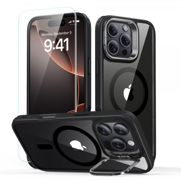 ESR iPhone 16 Pro Max -kuori ja näytönsuoja Classic Hybrid Kickstand MagSafe -setti, musta läpinäkyvä