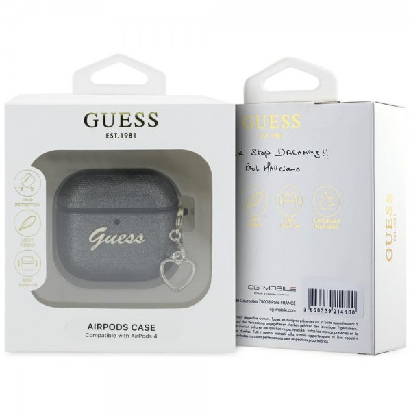 Guess AirPods 4 Metallic Script Charm -suojakuori, musta