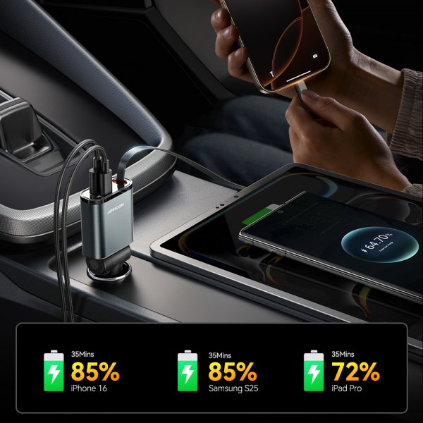 Joyroom 45W autolaturi sisäänrakennetulla USB-C-kaapelilla ja USB-A/USB-C-liitännällä Harmaa