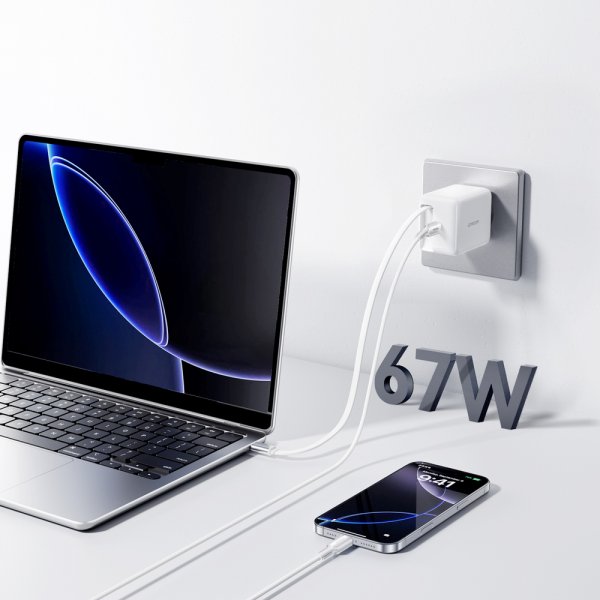 Joyroom 67W Seinälaturi sisäänrakennetulla USB-C-kaapelilla ja USB-C-liitännällä, valkoinen