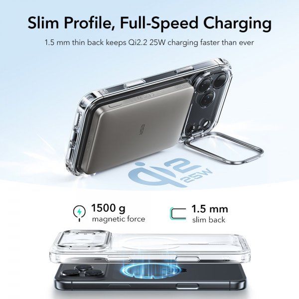 ESR iPhone 17 Pro Max Classic Hybrid Kickstand MagSafe -läpinäkyvä kuori