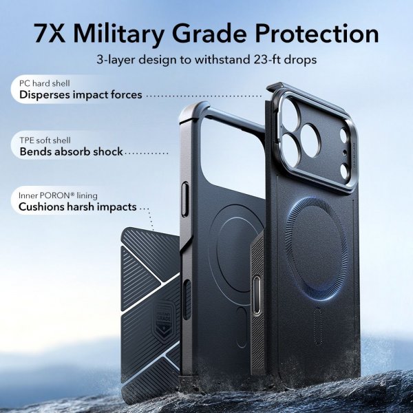 ESR iPhone 17 Pro -kuori Cyber Tough MagSafe-jalustalla, musta