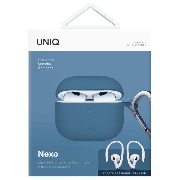 UNIQ AirPods 4 -kuori korvakiinnikkeillä Nexo Blue