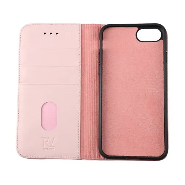 Rvelon iPhone 7/8/SE Suojakotelo, aitoa nahkaa, korttipaikka, vaaleanpunainen