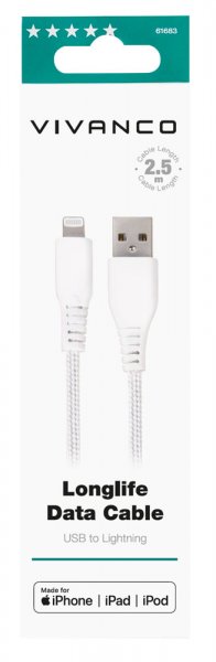 Vivanco Kaapeli Longlife Punottu USB-A/Lightning 2.5m Valkoinen