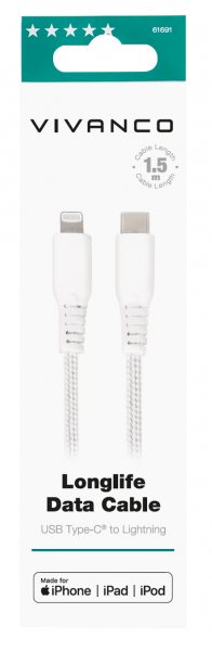 Vivanco Kaapeli Longlife Punottu USB-C/Lightning 1.5m Valkoinen