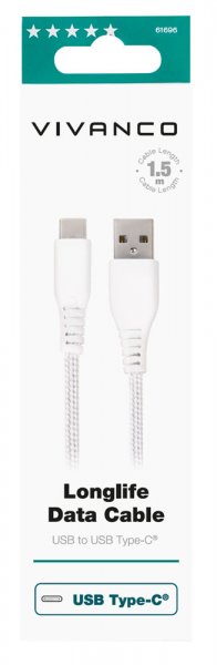 Vivanco Kabel Longlife Braided USB-A/USB-C 1.5m Valkoinen