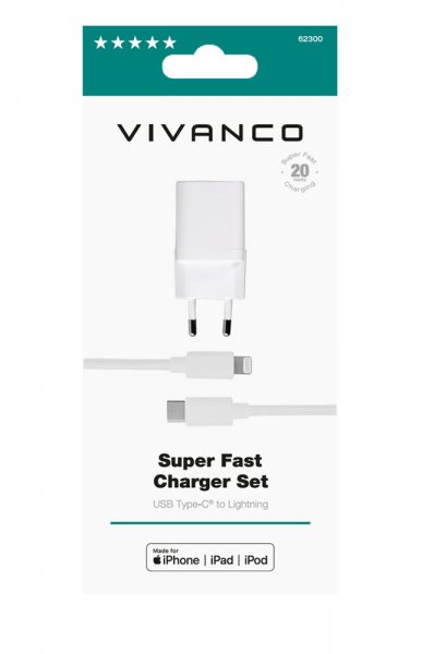 Vivanco Laturi kaapelilla Super Fast Charger Set USB-C/Lightning 20W 1.2m Valkoinen