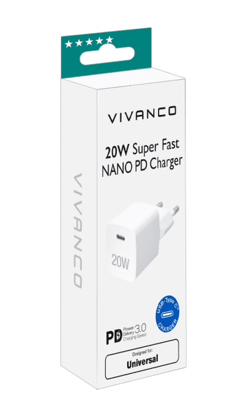 Vivanco Laturi 20W Supernopea NANO PD -laturi Valkoinen