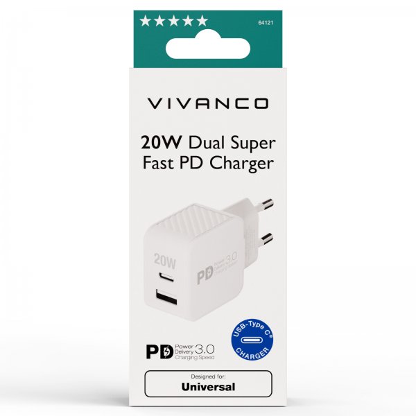 Vivanco Laturi 20W Dual Super Fast PD -laturi, valkoinen