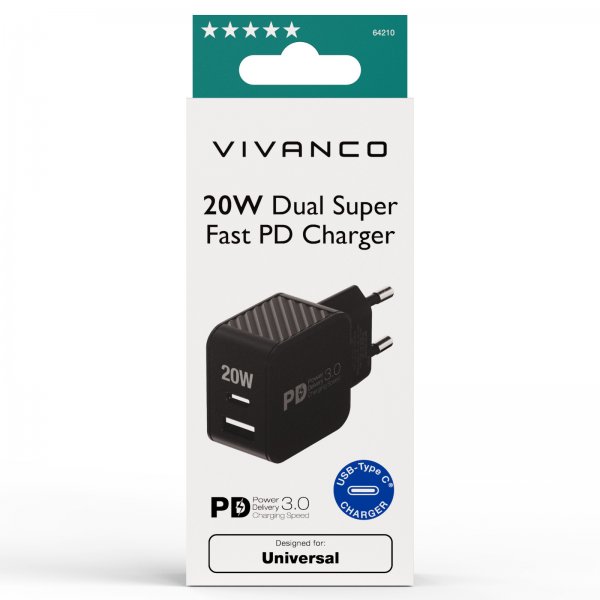 Vivanco Laturi 20W Dual Super Fast PD Charger, musta