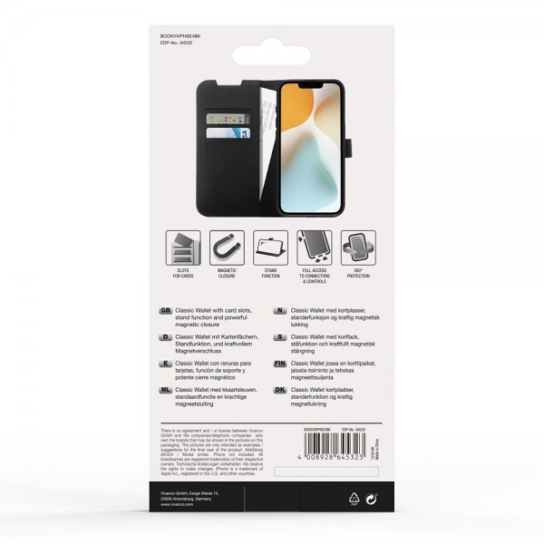 Vivanco iPhone 16./17. Classic Wallet -kotelo, musta
