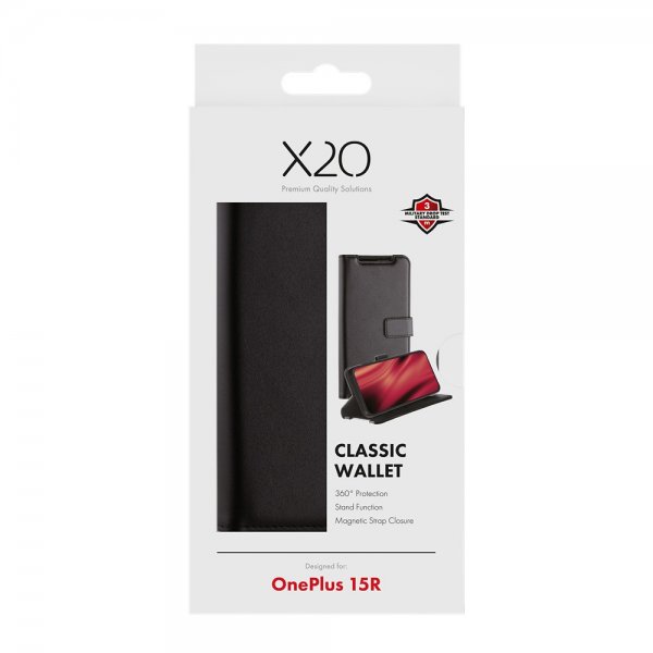 X2O OnePlus 15R Kotelo Classic Wallet Musta