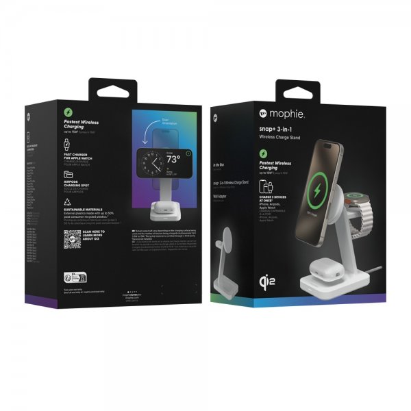 Mophie Langaton Laturi Snap+ 3-in-1 Wireless Charge Stand Qi2 MagSafe Valkoinen