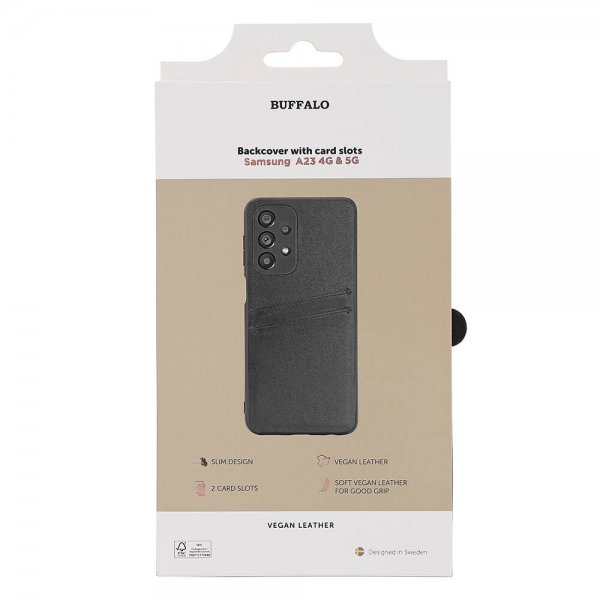 Buffalo Samsung Galaxy A23 5G -suojakuori, takakansi korttipaikoilla, musta