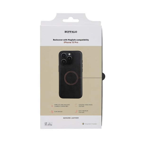 Buffalo iPhone 15 Pro -kuori, aitoa nahkaa, MagSeries, musta