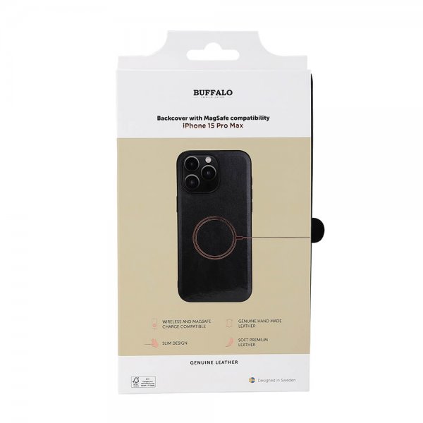 Buffalo iPhone 15 Pro Max -kotelo, aitoa nahkaa, MagSeries, musta