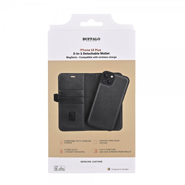 Buffalo iPhone 15 Plus -kotelo 3 korttipaikkaa irrotettava kuori MagSeries musta