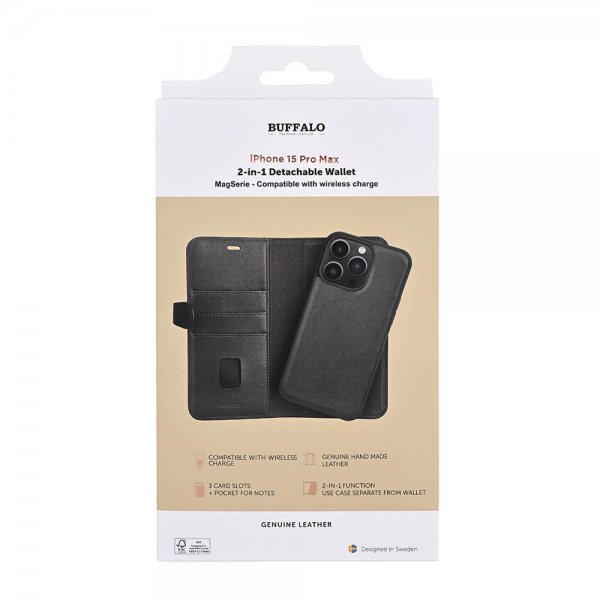 Buffalo iPhone 15 Pro Max -kotelo 3 korttipaikalla, irrotettava kuori, MagSeries Musta
