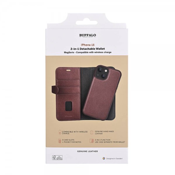 Buffalo iPhone 15 -kotelo 3 korttipaikkaa Irrotettava kuori MagSeries Ruskea