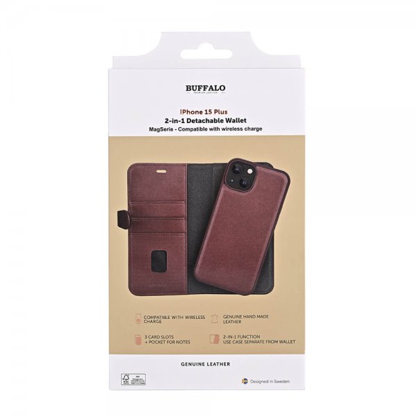 Buffalo iPhone 15 Plus -kotelo, 3 korttipaikkaa, irrotettava kuori, MagSeries, ruskea