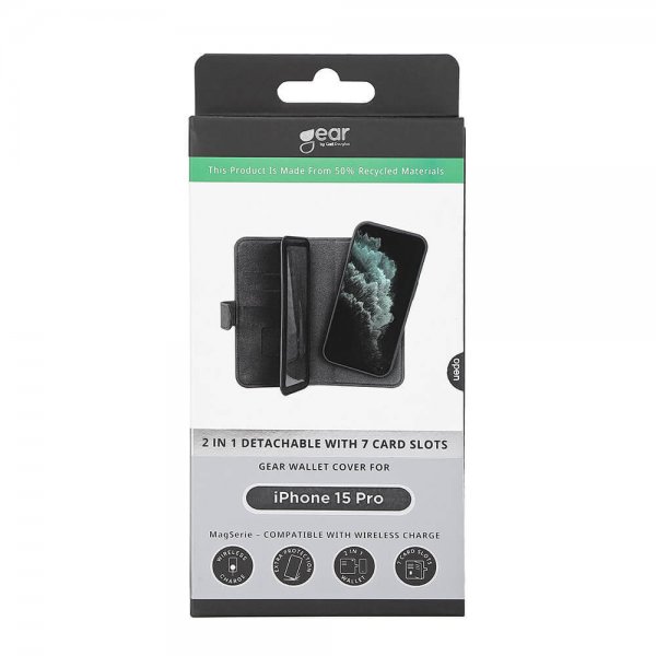 Gear iPhone 15 Pro Kotelo 7 Korttipaikkaa Irrotettava Kuori MagSeries Musta