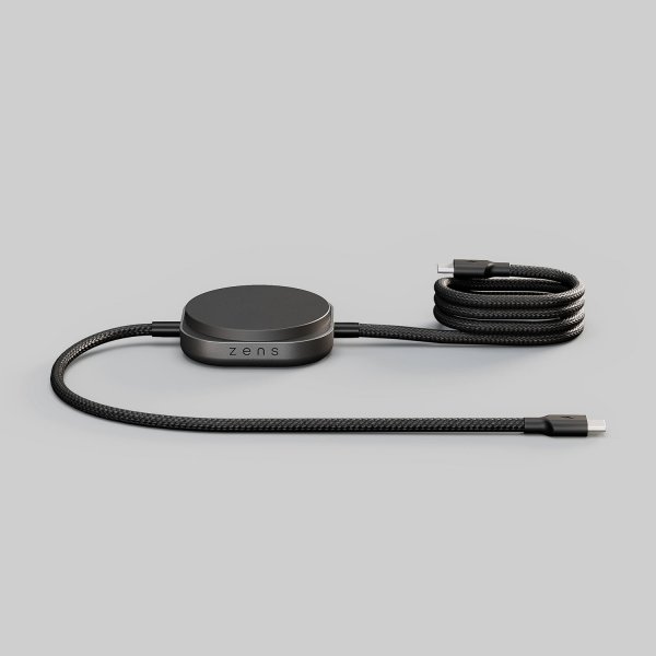 Zens USB-C–C Pro 2 -latauskaapeli, Qi2 2-in-1, 15 W, 1,5 m, musta