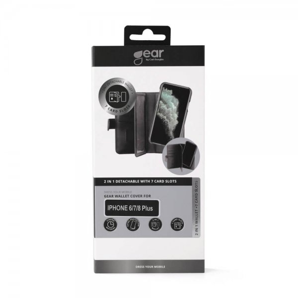 Gear iPhone 6/6S Plus/iPhone 7 Plus/iPhone 8 Plus -suojakotelo 7 korttipaikalla, irrotettava kuori, musta