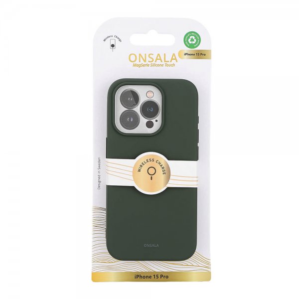 Onsala iPhone 15 Pro -silikonikuori, Touch MagSeries, Olive Green