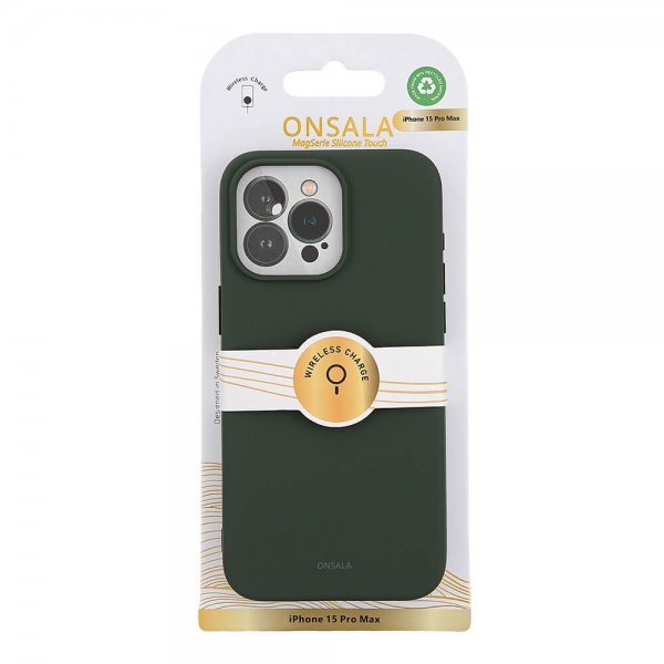 Onsala iPhone 15 Pro Max -silikonikuori, MagSeries, oliivinvihreä