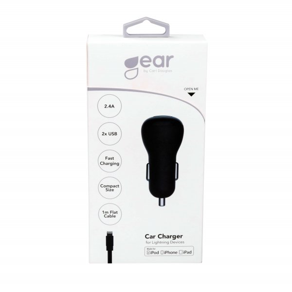 Gear Autolaturi 2xUSB 2.4A Lightning-kaapeli 1m MFI Musta