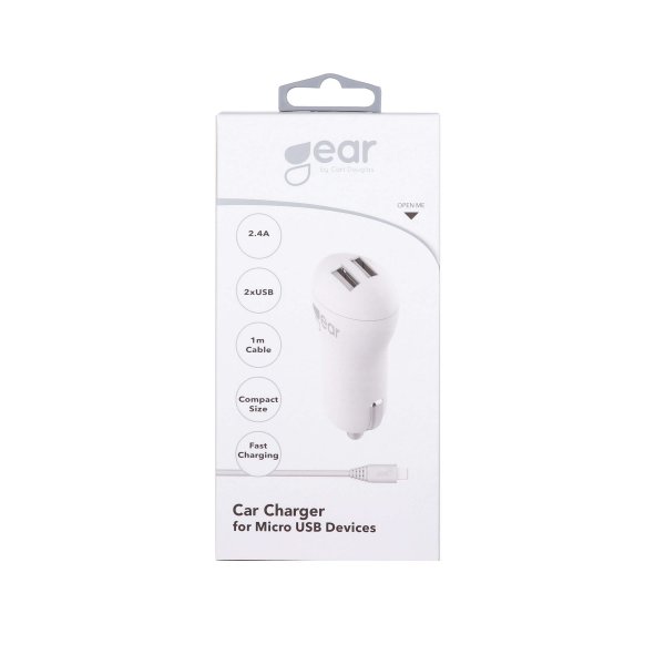 Gear Autolaturi 2xUSB 2.4A Micro-USB-kaapeli 1m Valkoinen