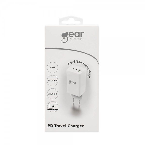 Gear-laturi GAN 2xUSB-C + 1xUSB-A PD 65W, valkoinen