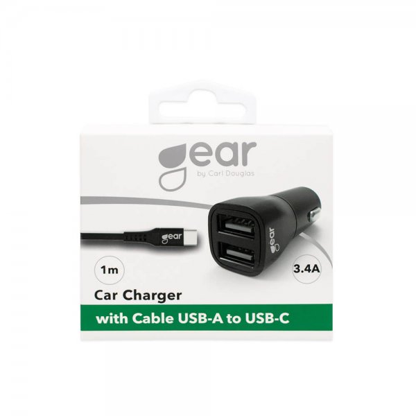 Gear Autolaturi 2xUSB 3.4A USB-C-kaapeli 1m Musta