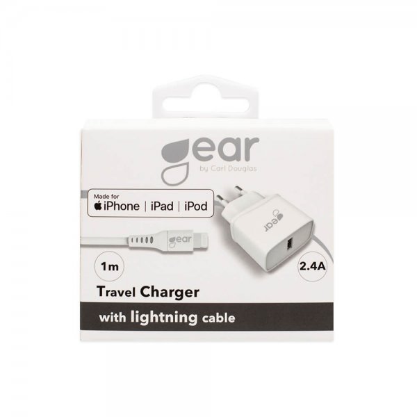 Gear Laturi 1xUSB 2.4A Lightning-kaapeli 1m MFI Valkoinen
