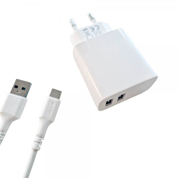 Gear Laturi 2xUSB 3.4A Valkoinen USB-C-kaapeli 1m