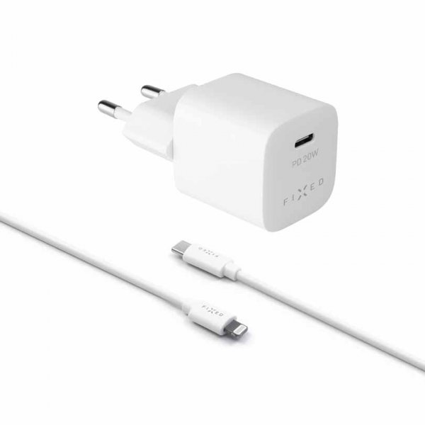 Fixed Laturi kaapelilla Mini PD Travel Charger Kit USB-C/Lightning 20W Valkoinen