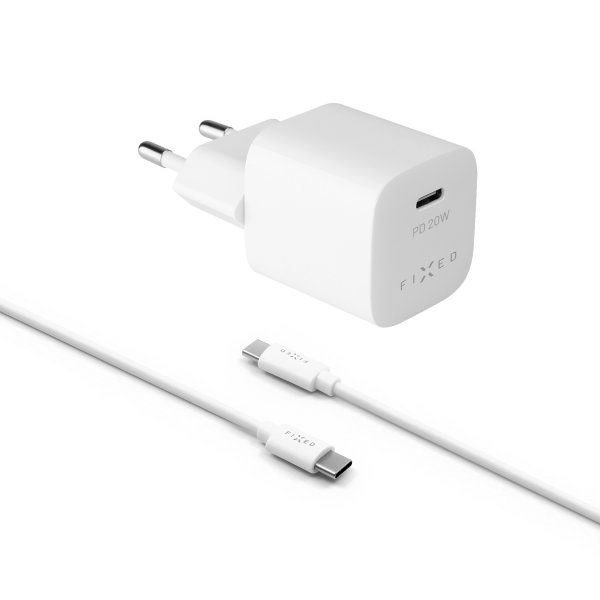 Fixed Laddare med Kabel Mini PD Travel Charger Kit USB-C/USB-C 20W Valkoinen