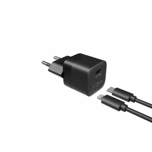Fixed Laturi kaapelilla Mini PD Travel Charger Kit USB-C/Lightning 20W Musta