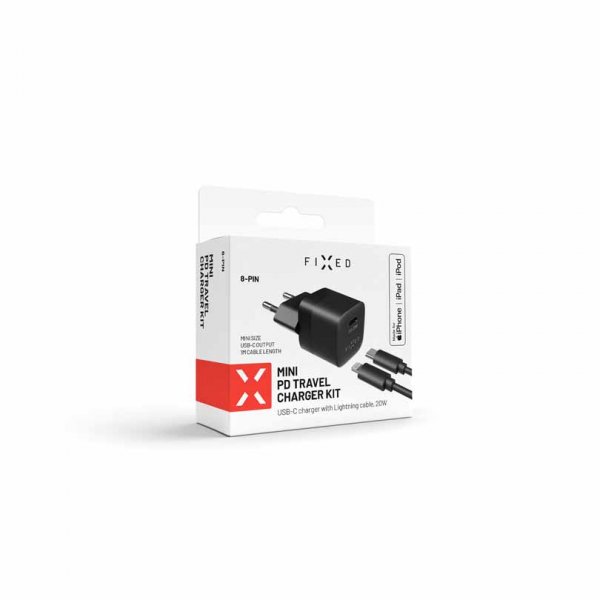 Fixed Laturi kaapelilla Mini PD Travel Charger Kit USB-C/Lightning 20W Musta