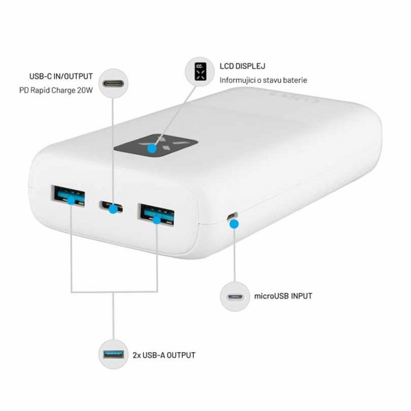 Kiinteä tehopankki Zen 20 20W 20 000 mAh USB-C 2xUSB-A Valkoinen